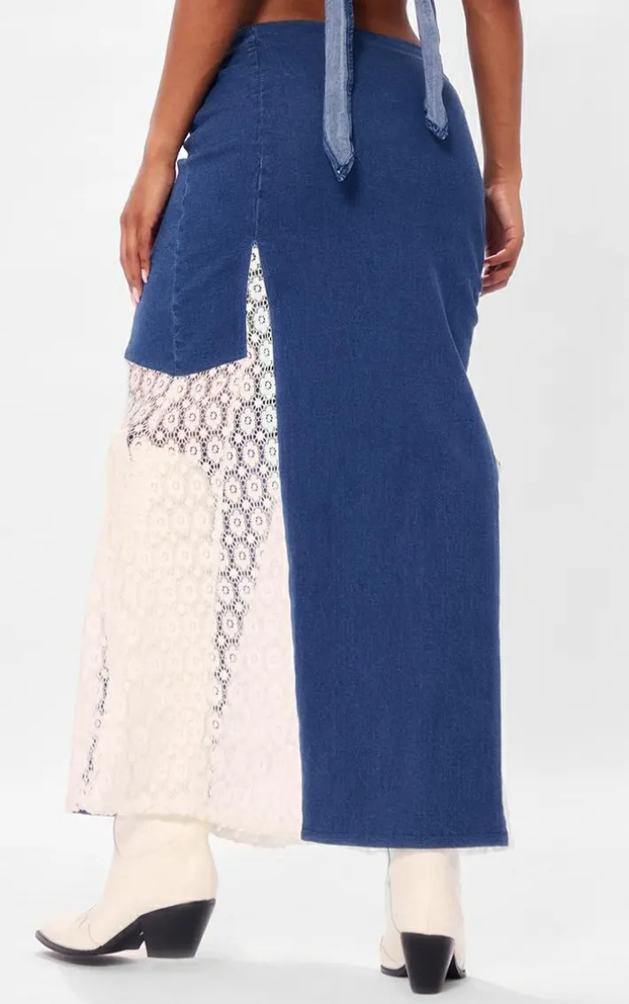 Indigo Denim Lace Insert Maxi Skirt