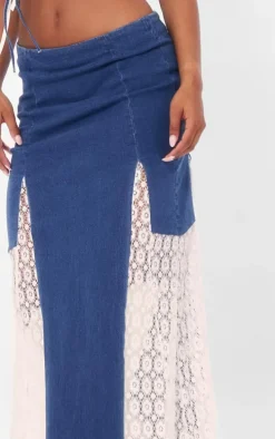 Indigo Denim Lace Insert Maxi Skirt