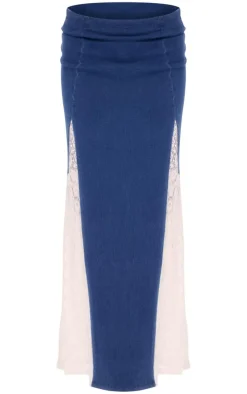 Indigo Denim Lace Insert Maxi Skirt