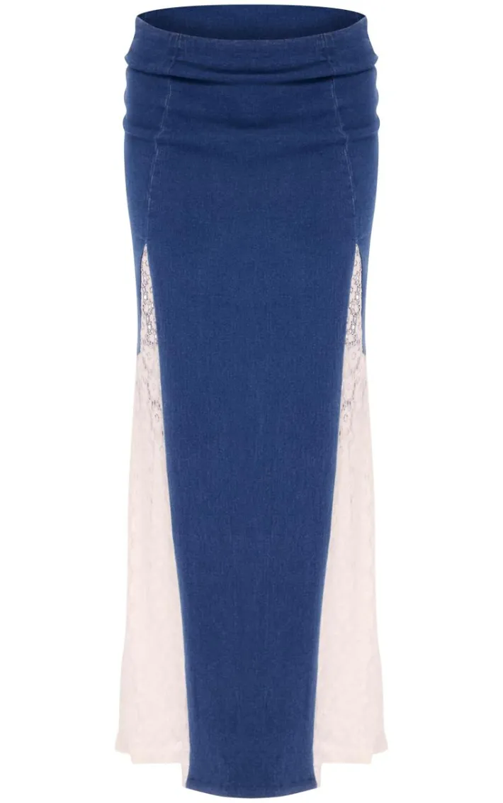 Indigo Denim Lace Insert Maxi Skirt