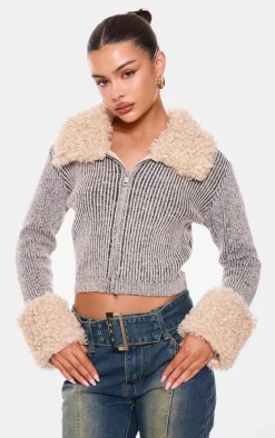 Indigo Fur Trim Detail Double Zip Cardigan