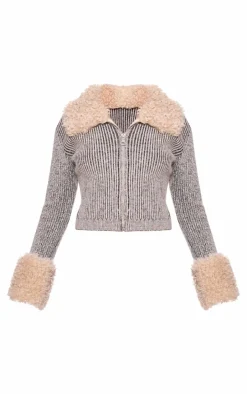 Indigo Fur Trim Detail Double Zip Cardigan