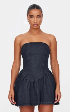 Indigo Lace Up Back Denim Puffball Dress