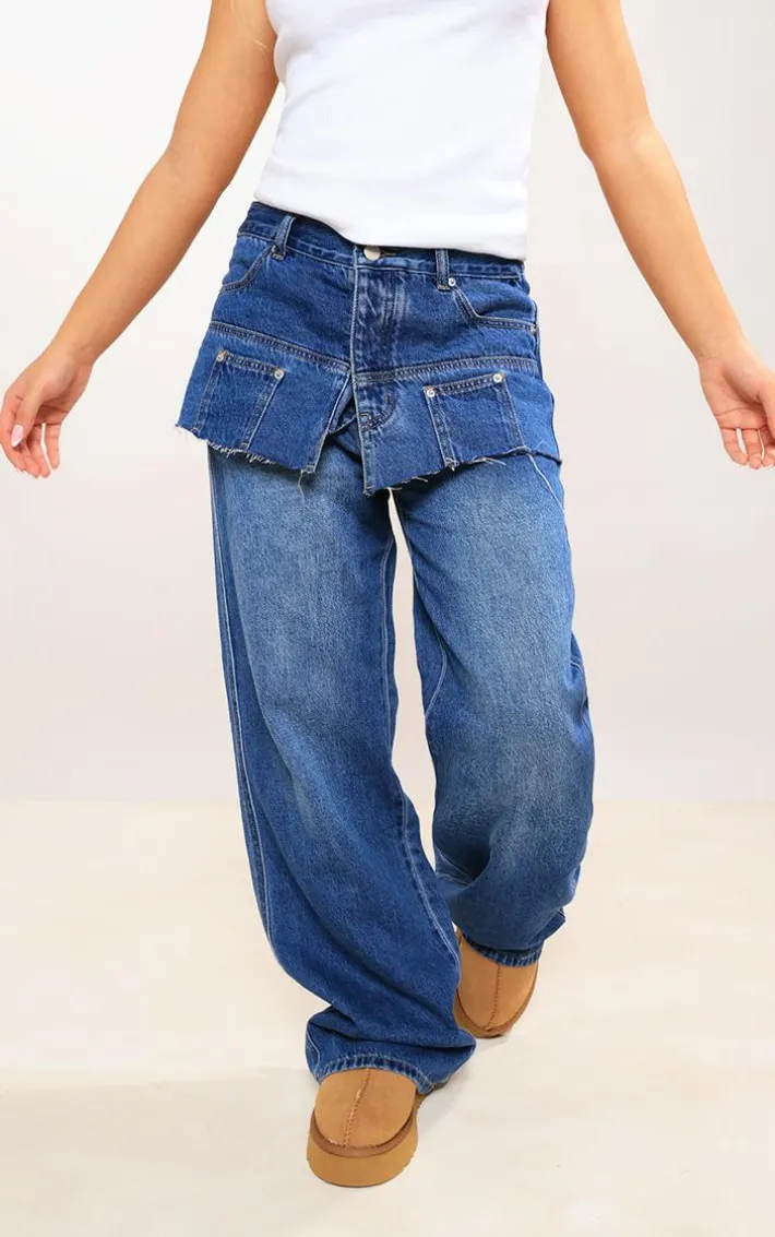 Indigo Layered Exposed Pocket Wide Leg Jeans