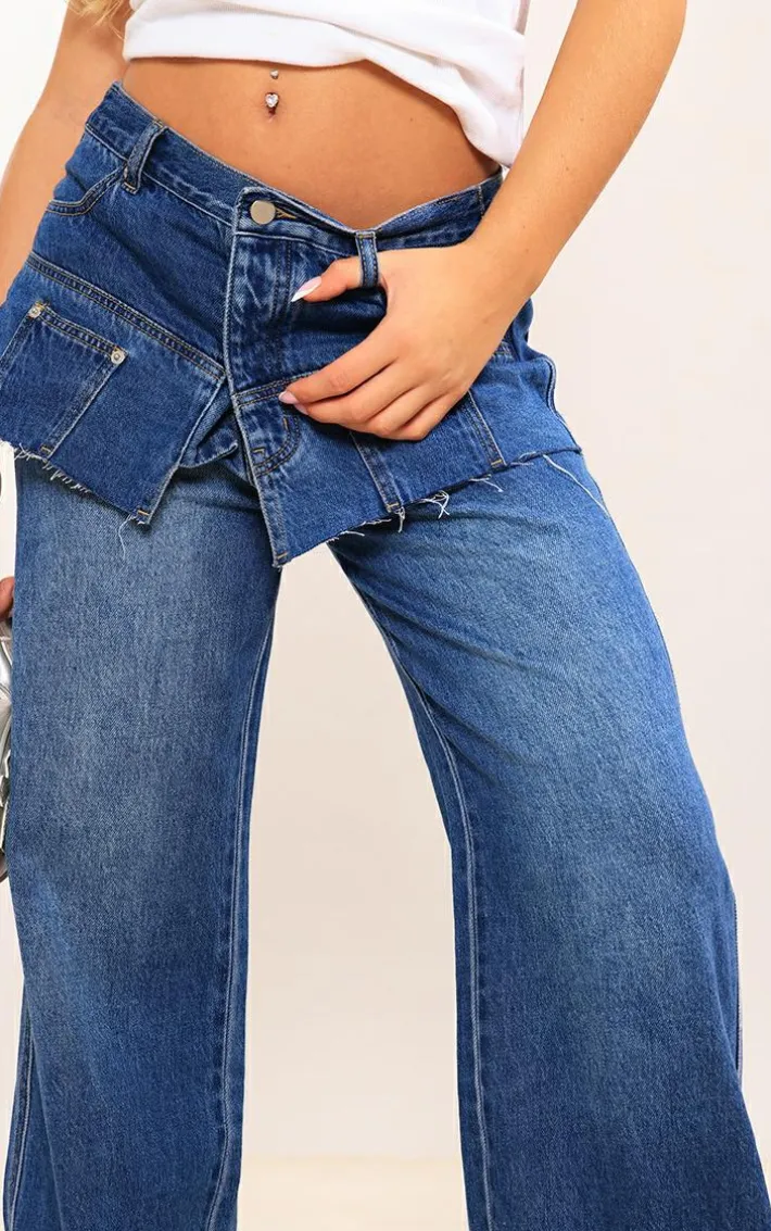 Indigo Layered Exposed Pocket Wide Leg Jeans