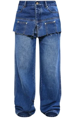 Indigo Layered Exposed Pocket Wide Leg Jeans
