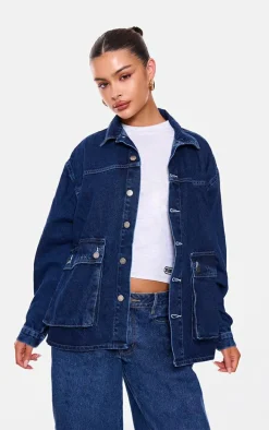 Indigo Oversized Button Up Pocket Detail Denim Shacket