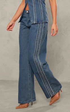 Indigo Raw Stripe Detail Straight Leg Jeans