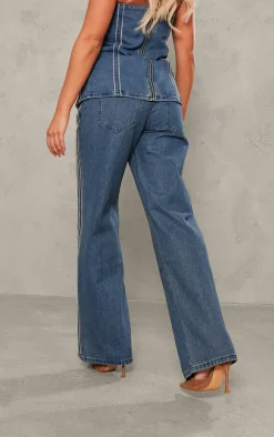 Indigo Raw Stripe Detail Straight Leg Jeans