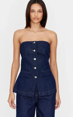 Indigo Strapless Button Down Pocket Detail Denim Top