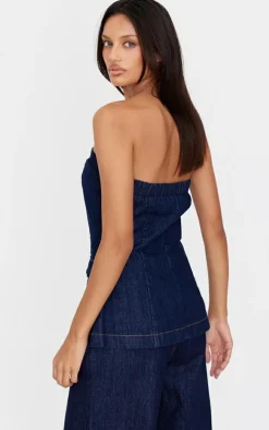 Indigo Strapless Button Down Pocket Detail Denim Top