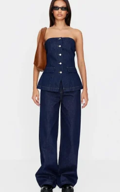 Indigo Strapless Button Down Pocket Detail Denim Top