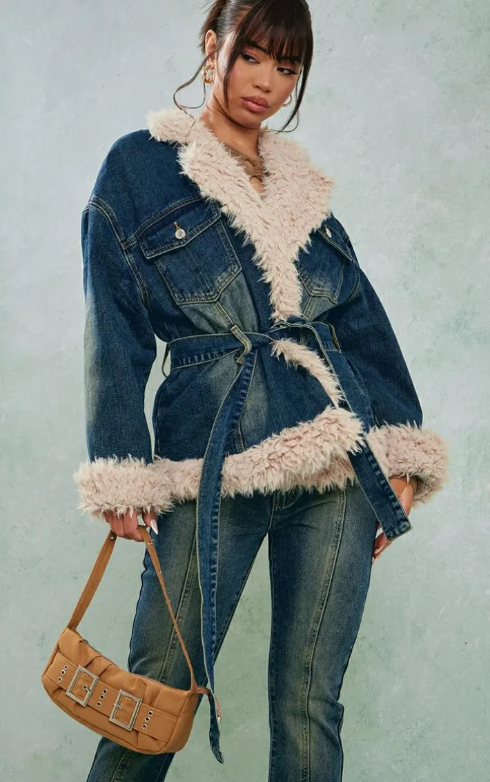 Indigo Vintage Wash Borg Contrast Tie Waist Denim Jacket