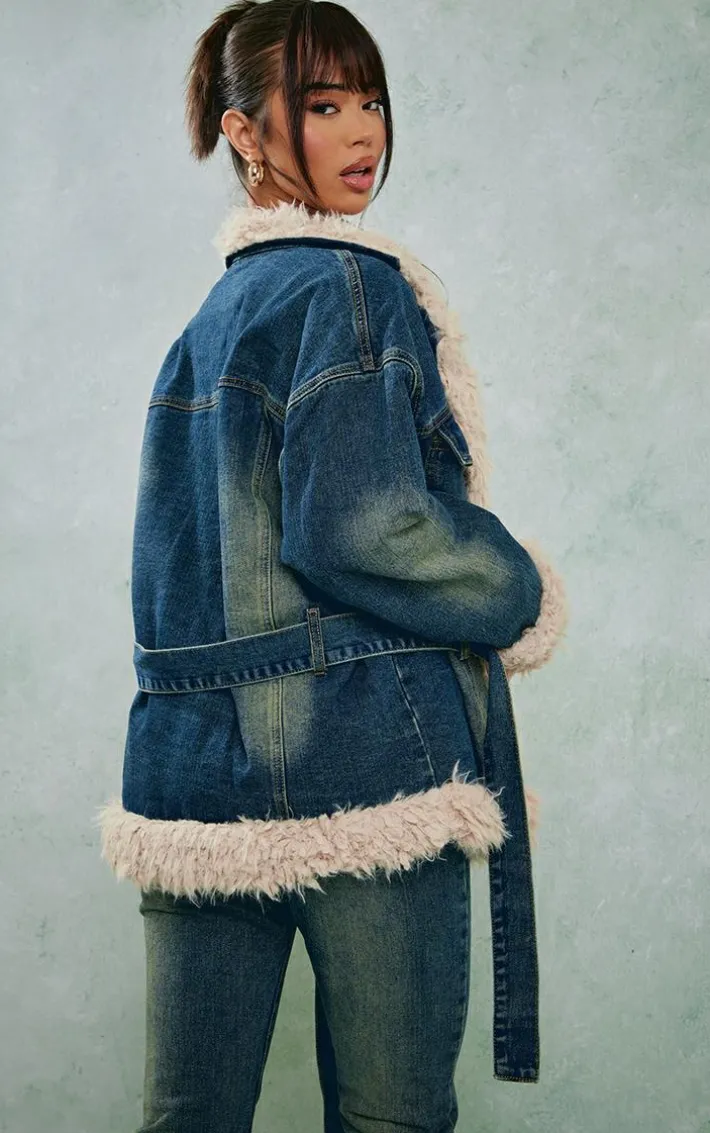 Indigo Vintage Wash Borg Contrast Tie Waist Denim Jacket