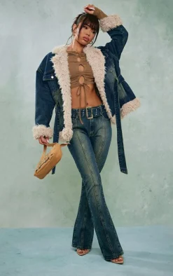 Indigo Vintage Wash Borg Contrast Tie Waist Denim Jacket