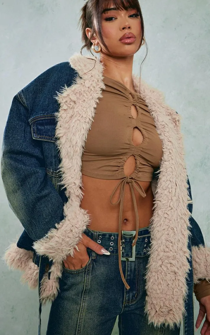 Indigo Vintage Wash Borg Contrast Tie Waist Denim Jacket