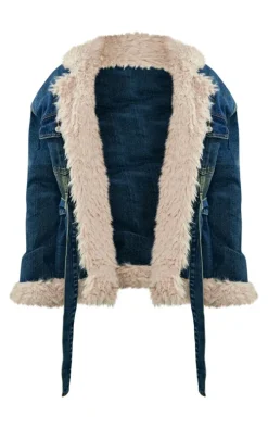 Indigo Vintage Wash Borg Contrast Tie Waist Denim Jacket