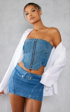 Indigo Vintage Wash Dip Hem Zip Front Denim Top