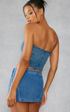 Indigo Vintage Wash Dip Hem Zip Front Denim Top