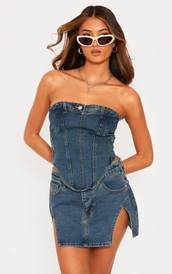Indigo Vintage Wash Jean Waistband Detail Denim Corset Top