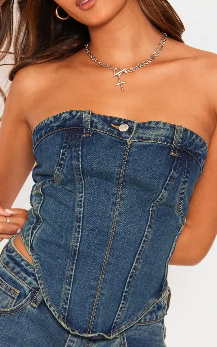 Indigo Vintage Wash Jean Waistband Detail Denim Corset Top