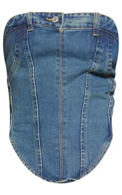 Indigo Vintage Wash Jean Waistband Detail Denim Corset Top