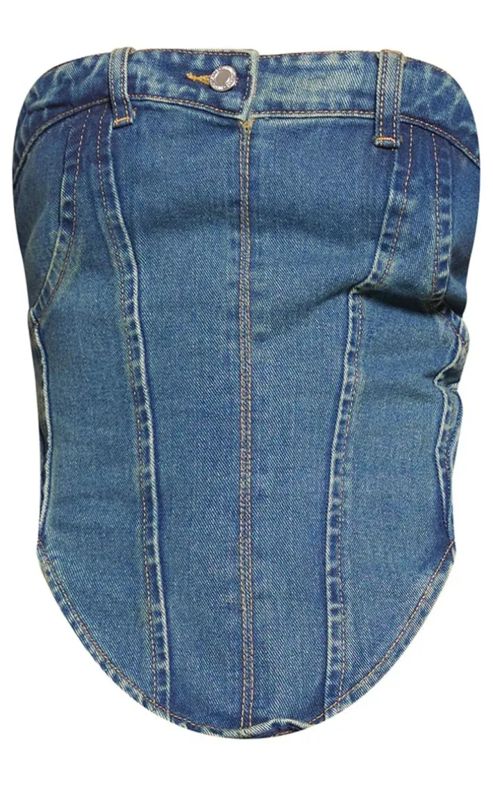 Indigo Vintage Wash Jean Waistband Detail Denim Corset Top