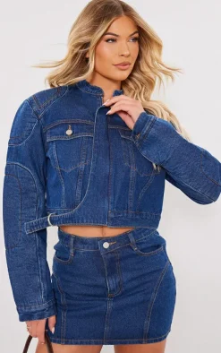 Indigo Vintage Wash Seam Detail Oversized Denim Bomber Jacket