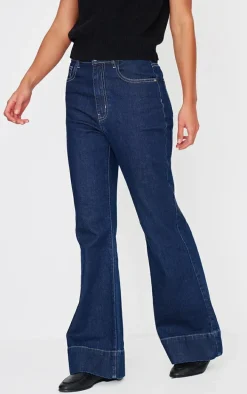 Indigo Wash Contrast Seam Flared Jeans