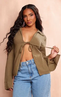 Ink Blue Tie Front Crinkle Shirt