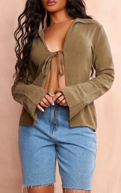 Ink Blue Tie Front Crinkle Shirt