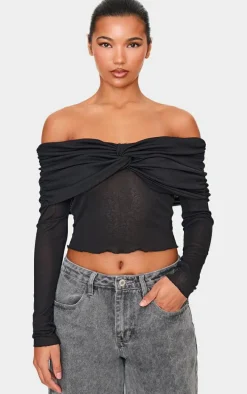 Ivory Burnout Mesh Fold Over Twist Detail Bardot Long Sleeve Top