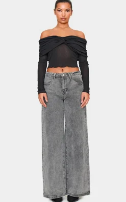 Ivory Burnout Mesh Fold Over Twist Detail Bardot Long Sleeve Top