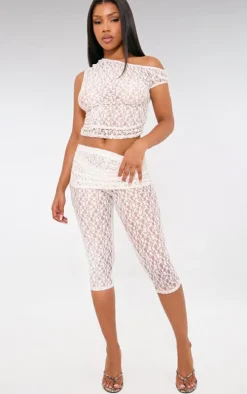 Ivory Lace Sheer Foldover Capri Pants