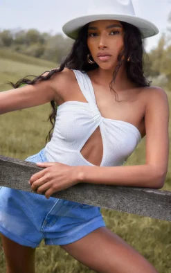 Ivory Textured Twist Front One Shoulder Crop Top