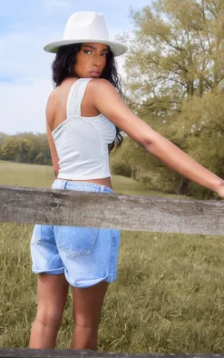 Ivory Textured Twist Front One Shoulder Crop Top