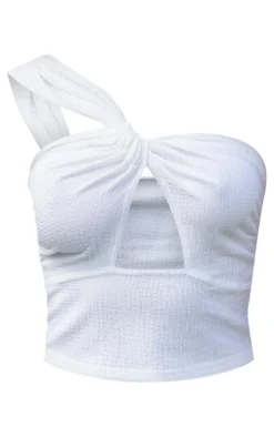 Ivory Textured Twist Front One Shoulder Crop Top