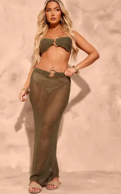 Khaki Crochet Gold Trim Detail Maxi Beach Skirt