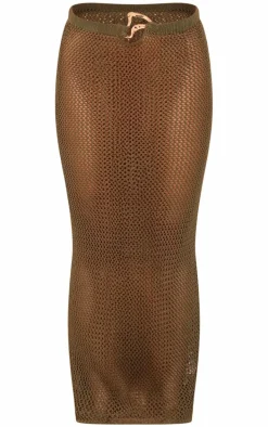 Khaki Crochet Gold Trim Detail Maxi Beach Skirt