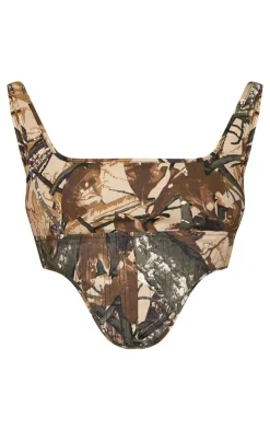 Khaki Abstract Camo Printed Twill Dip Hem Structured Cargo Corset