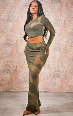 Khaki Abstract Mesh Panel Maxi Skirt