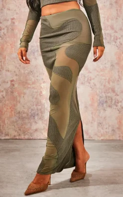 Khaki Abstract Mesh Panel Maxi Skirt