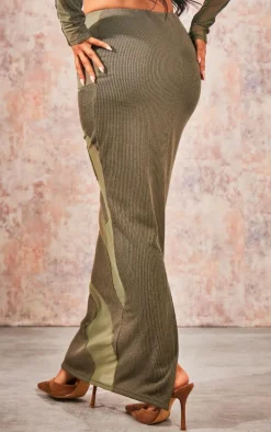 Khaki Abstract Mesh Panel Maxi Skirt
