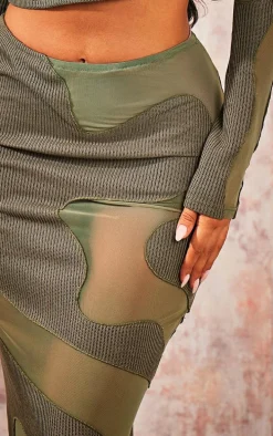 Khaki Abstract Mesh Panel Maxi Skirt