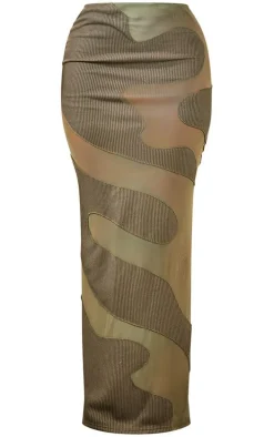 Khaki Abstract Mesh Panel Maxi Skirt