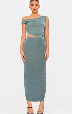 Khaki Acetate Slinky One Shoulder Ruched Asymmetric Top