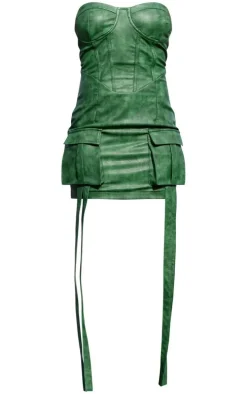 Khaki Acid Wash PU Pocket Detail Underwired Bodycon Dress