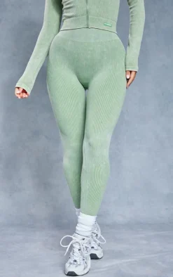 Khaki Acid Wash Seamless Rib High Waist Gym Leggings