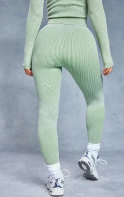 Khaki Acid Wash Seamless Rib High Waist Gym Leggings