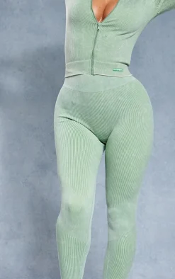 Khaki Acid Wash Seamless Rib High Waist Gym Leggings